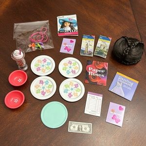 American Girl Doll Accessories Lot Plates Bowls Hair Bun Booklets Maps Necklace